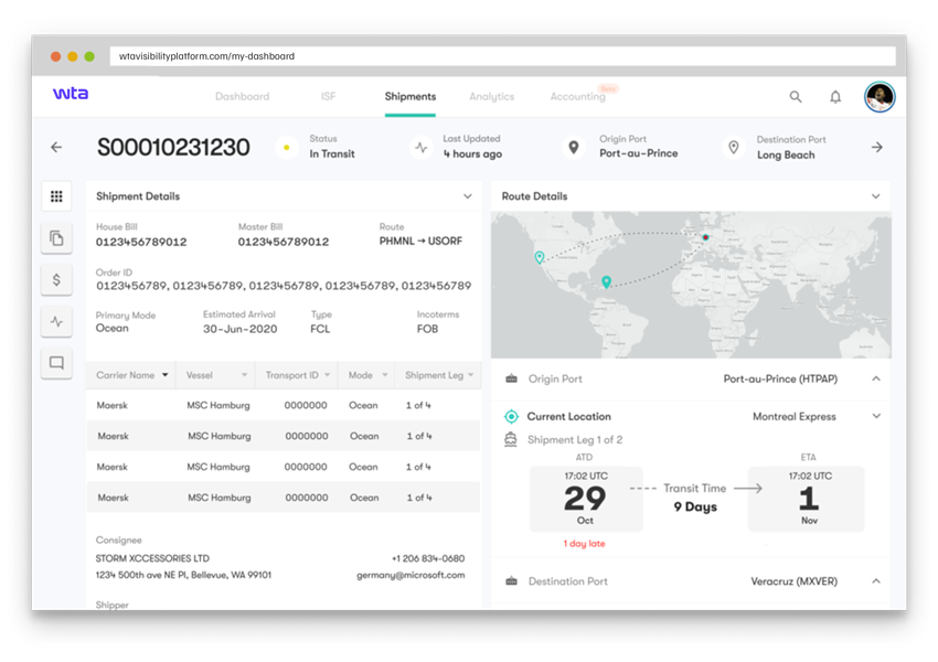 Global container satellite tracking map on the WTA Visibility Platform