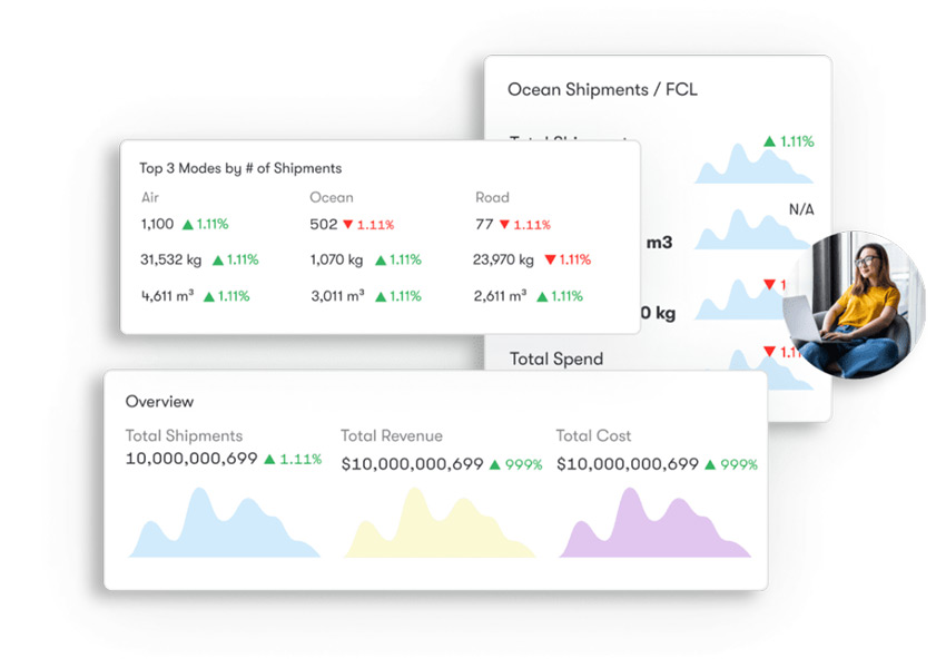 Supply chain analytics dashboard displaying landed freight costs and emissions data