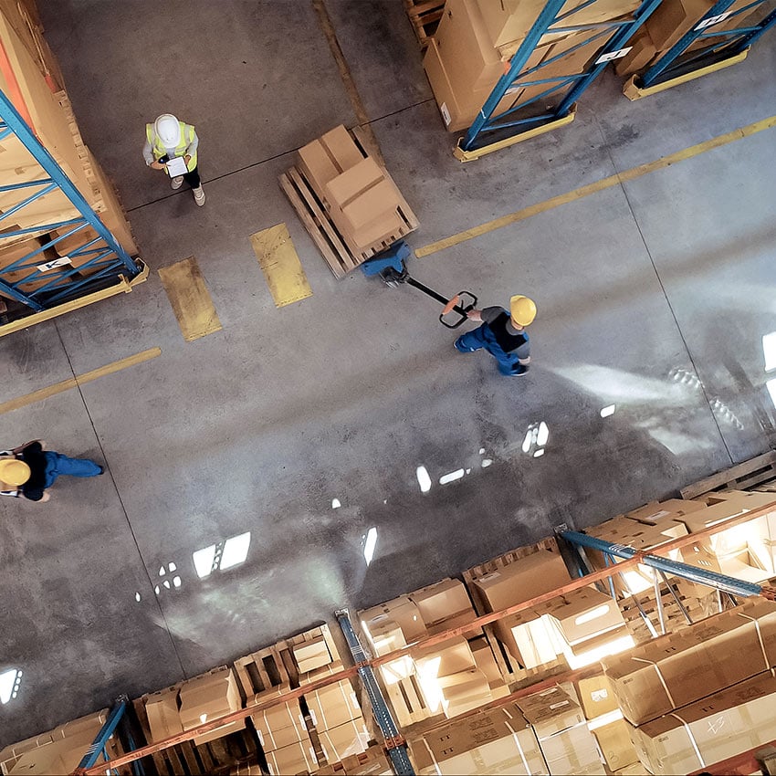 Modern automated logistics warehouse facility with pallet racking
